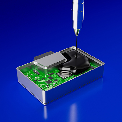 Black potting material in electronics housing